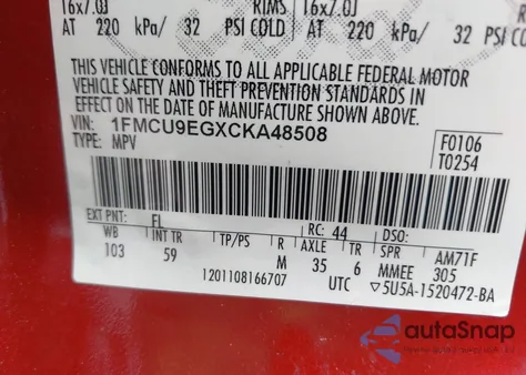 2012 Ford Escape Limited z USA, uszkodzony, nr VIN 1FMCU9EGXCKA48508